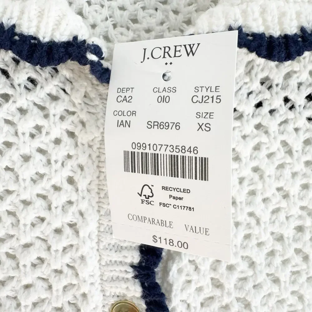 J. Crew Short-Sleeve Crochet Cardigan Sweater Ivory Ant Navy Crochet Size XS NWT